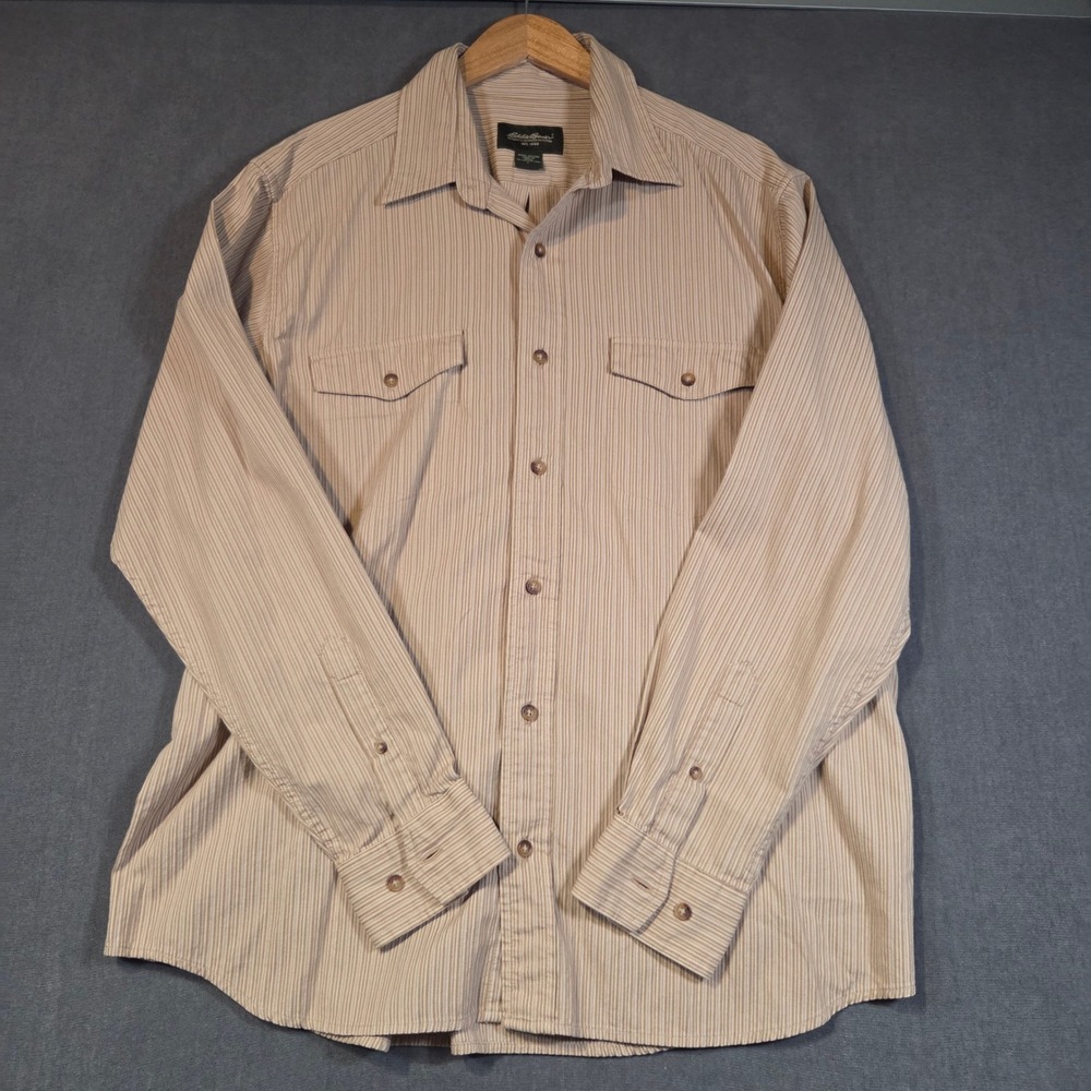 Eddie Bauer Button Down Shirt Mens Large Tan Striped Long Sleeve Cotton Pockets